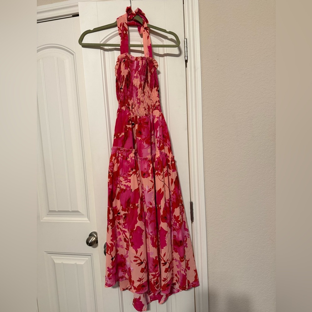 Floral Halter Maxi Dress in Pink and Red
